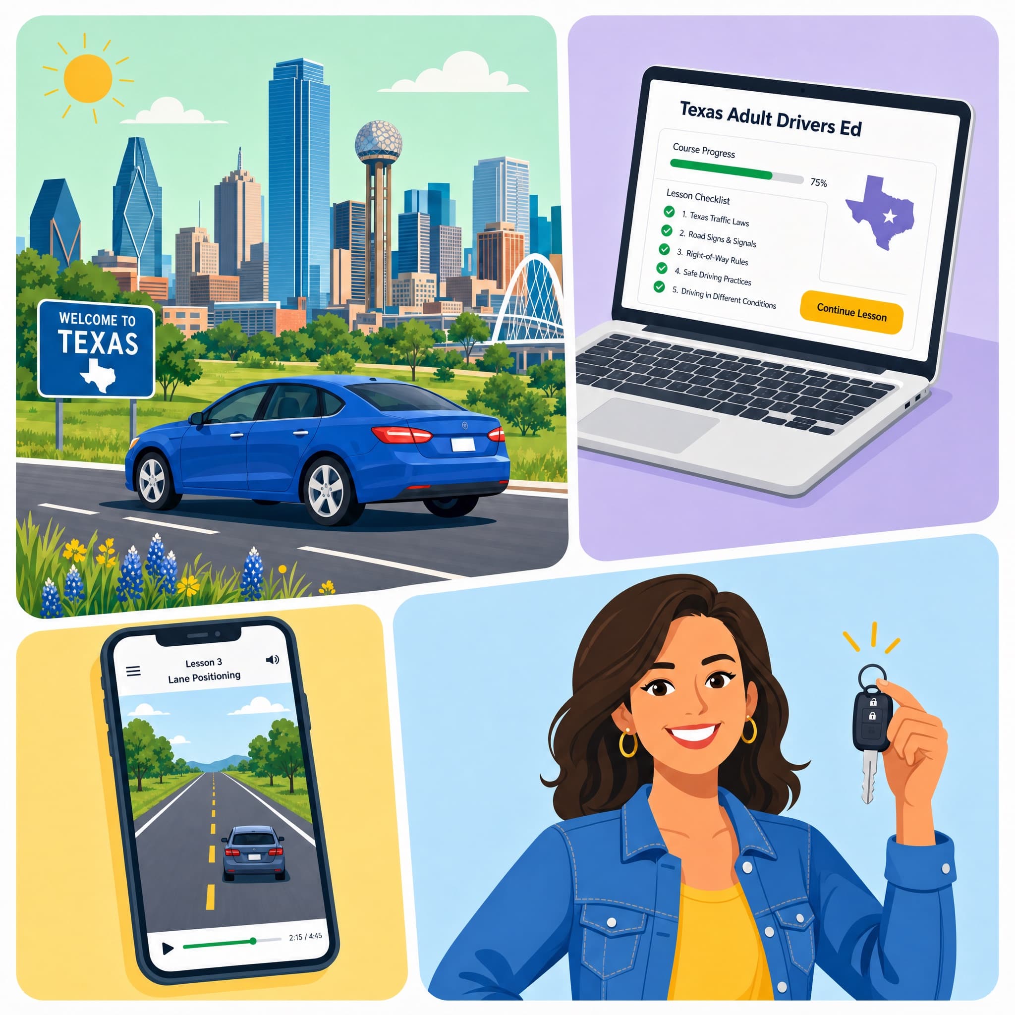 Texas Adult Drivers Ed — a Texas skyline, the online course on a laptop and phone, and a new driver holding her car key